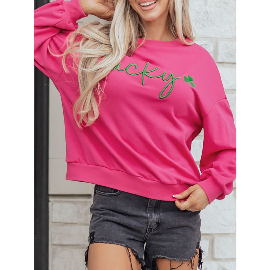 Lucky Clover Embroidered Loose Pullover Sweatshirt Apparel and Accessories