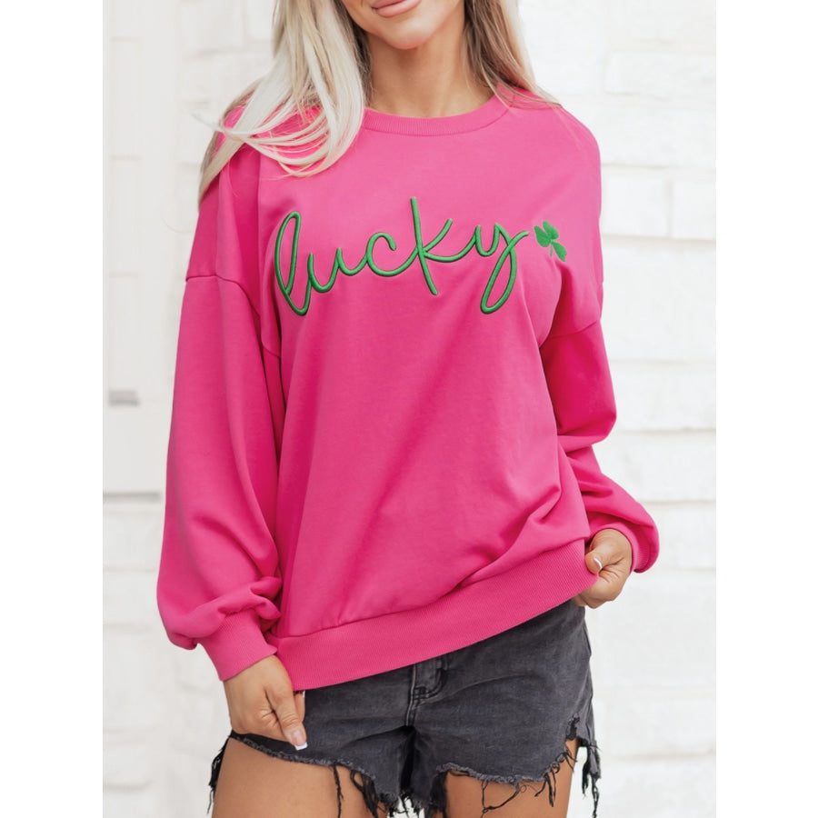 Lucky Clover Embroidered Loose Pullover Sweatshirt Hot Pink / S Apparel and Accessories