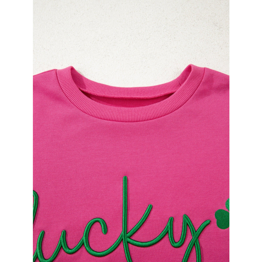 Lucky Clover Embroidered Loose Pullover Sweatshirt Apparel and Accessories