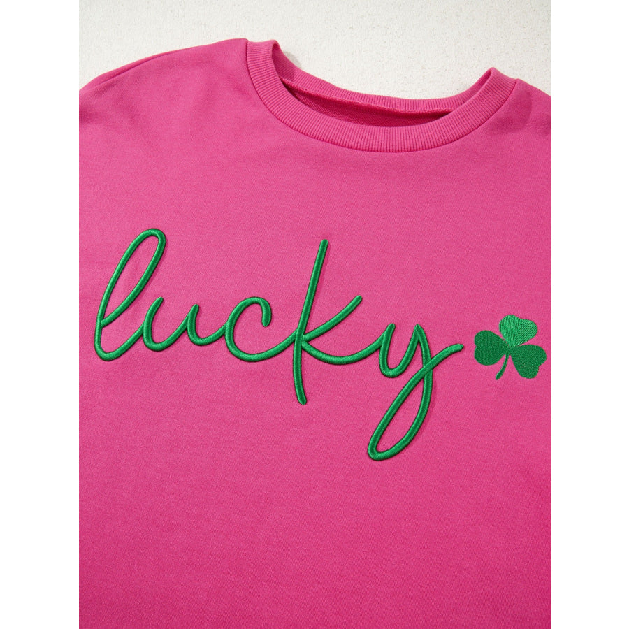 Lucky Clover Embroidered Loose Pullover Sweatshirt Apparel and Accessories