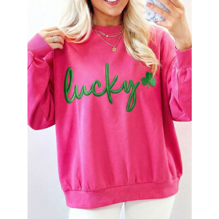 Lucky Clover Embroidered Loose Pullover Sweatshirt Apparel and Accessories