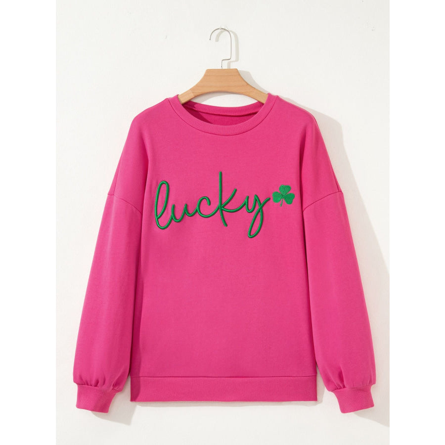 Lucky Clover Embroidered Loose Pullover Sweatshirt Apparel and Accessories