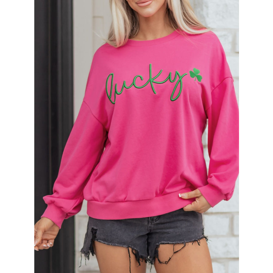 Lucky Clover Embroidered Loose Pullover Sweatshirt Hot Pink / S Apparel and Accessories