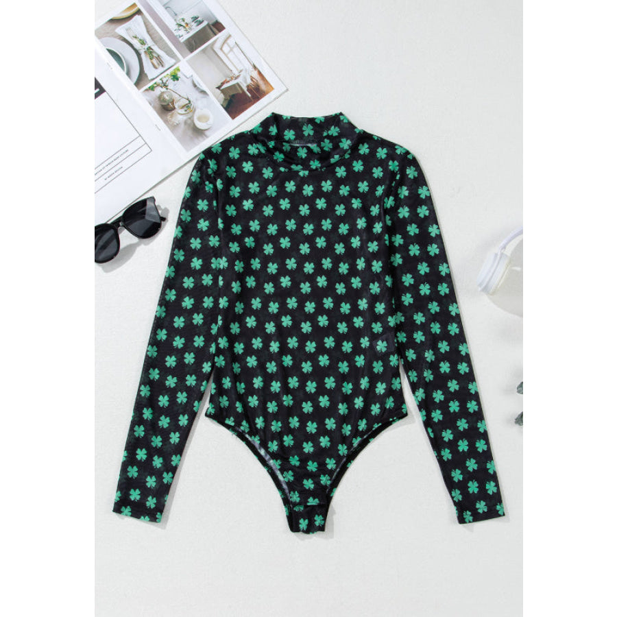 Lucky Clover Mock Neck Long Sleeve Bodysuit Apparel and Accessories