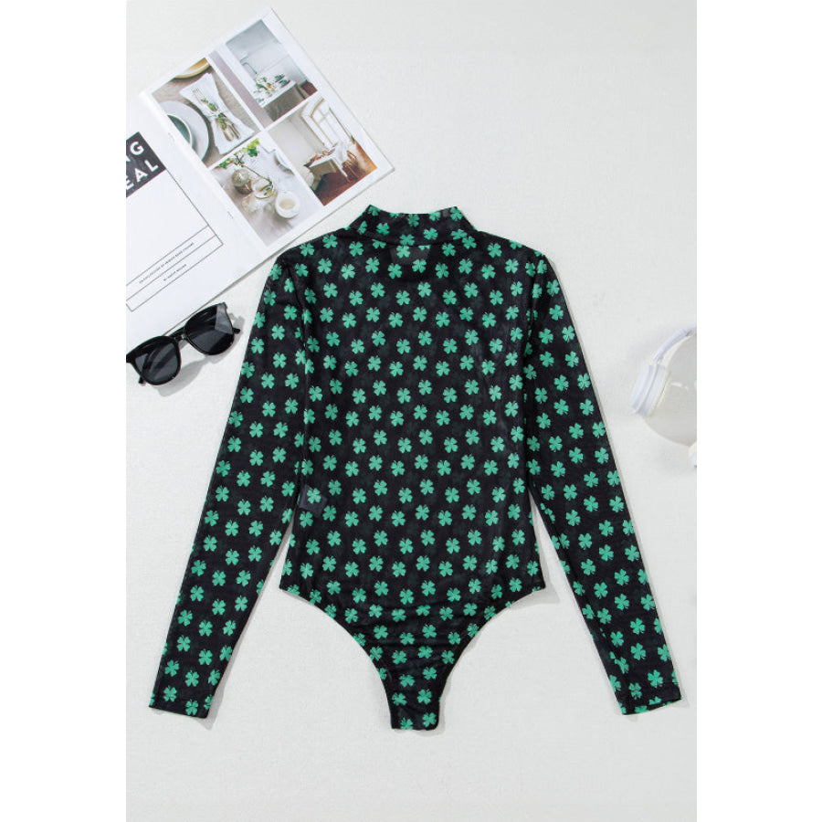 Lucky Clover Mock Neck Long Sleeve Bodysuit Apparel and Accessories