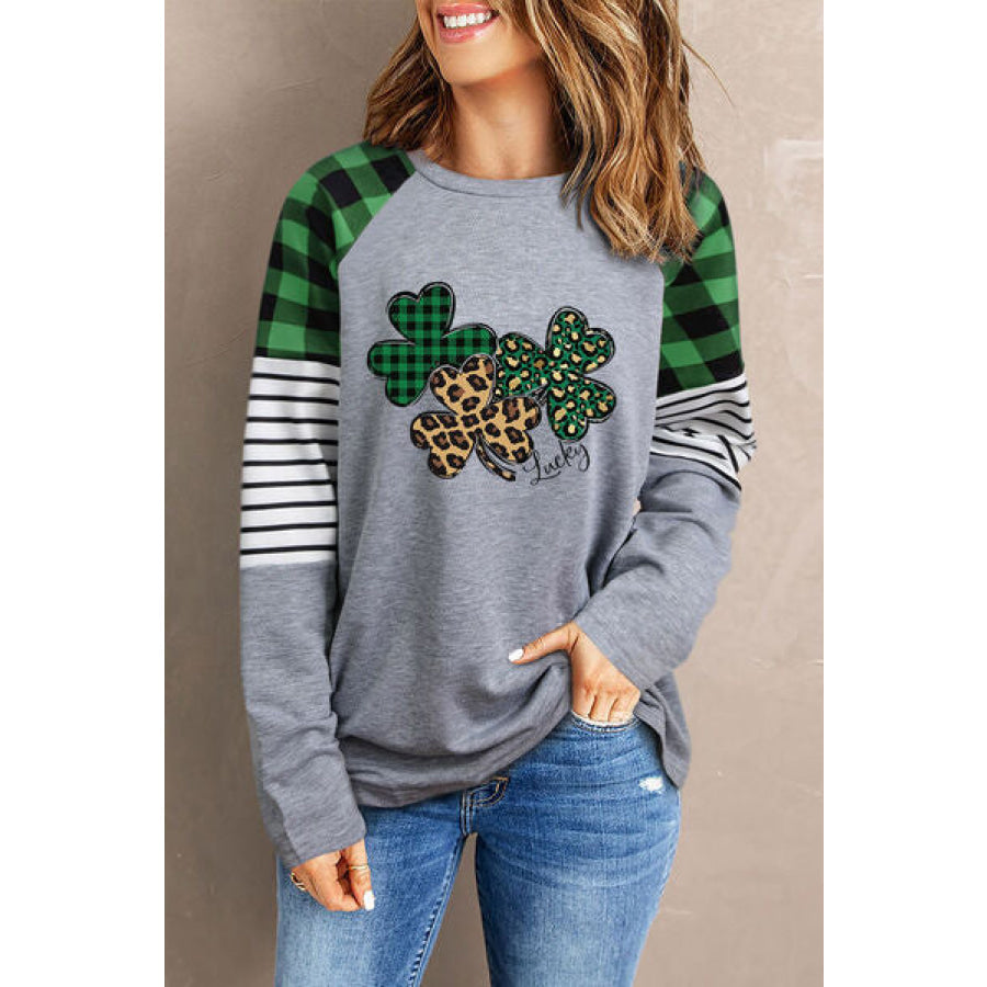 Lucky Clover Raglan Sleeve Sweatshirt Charcoal / S Apparel and Accessories