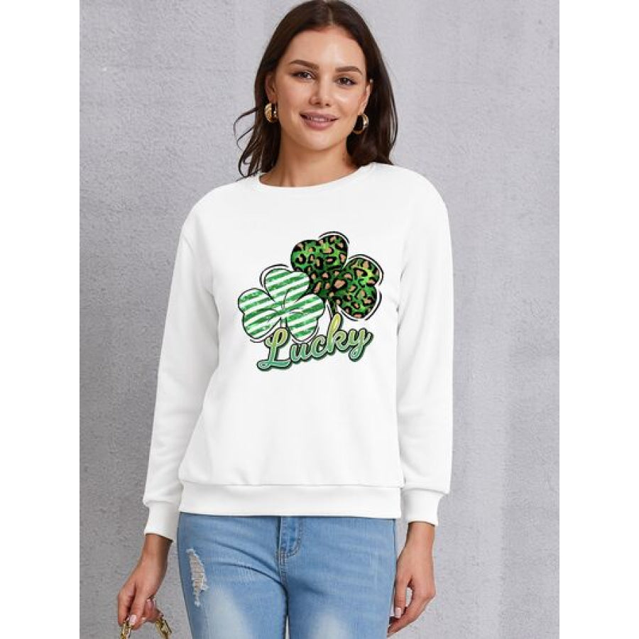 Lucky Clover Round Neck Dropped Shoulder Sweatshirt White / S Apparel and Accessories