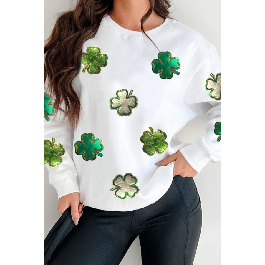 Lucky Clover Round Neck Long Sleeve Sweatshirt White / S Apparel and Accessories