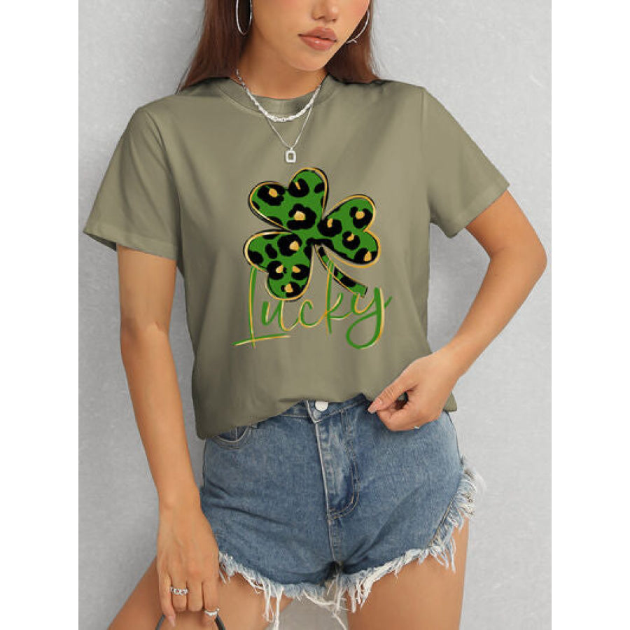 Lucky Clover Round Neck Short Sleeve T - Shirt Apparel and Accessories