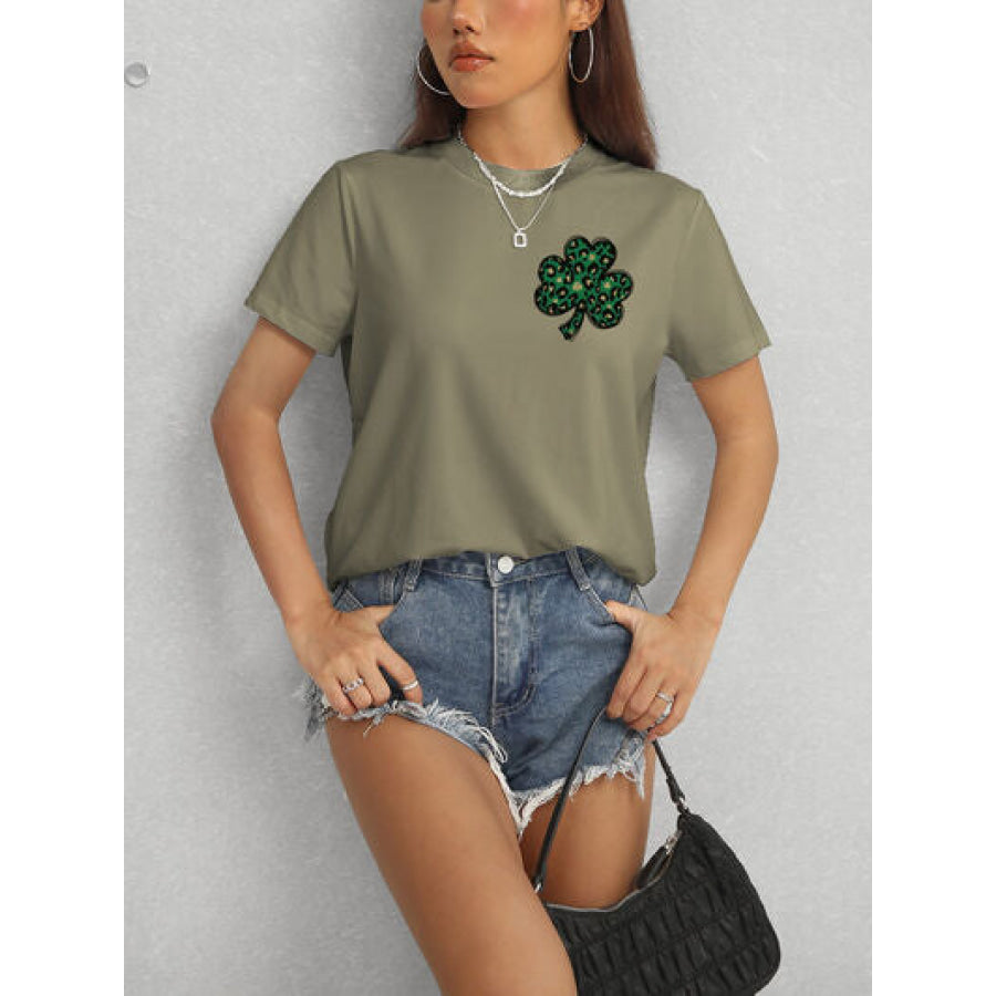 Lucky Clover Round Neck Short Sleeve T - Shirt Apparel and Accessories