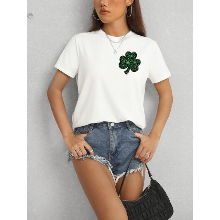 Lucky Clover Round Neck Short Sleeve T - Shirt Apparel and Accessories