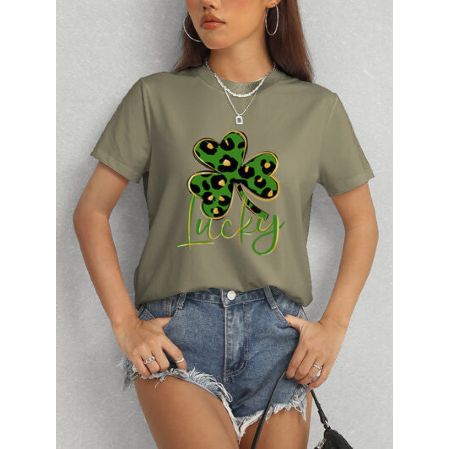 Lucky Clover Round Neck Short Sleeve T - Shirt Apparel and Accessories