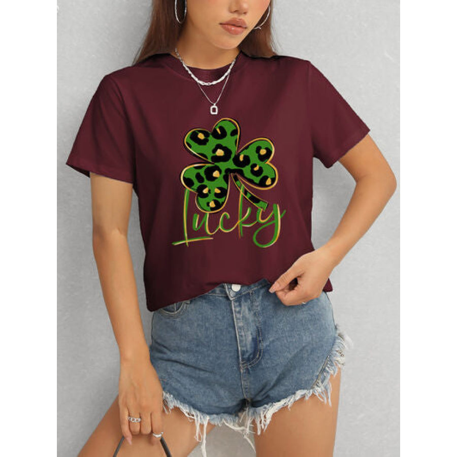 Lucky Clover Round Neck Short Sleeve T - Shirt Apparel and Accessories