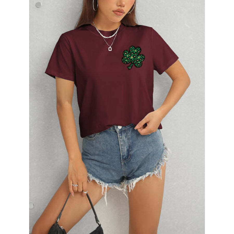 Lucky Clover Round Neck Short Sleeve T - Shirt Apparel and Accessories