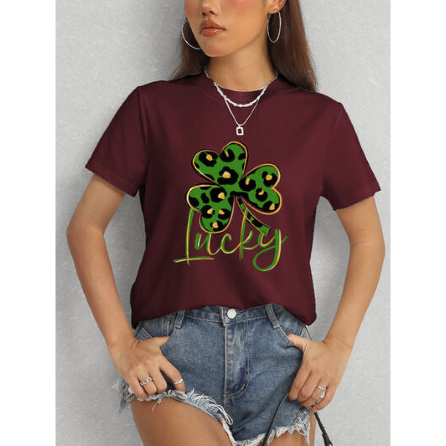 Lucky Clover Round Neck Short Sleeve T - Shirt Apparel and Accessories