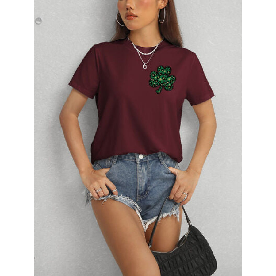 Lucky Clover Round Neck Short Sleeve T - Shirt Apparel and Accessories