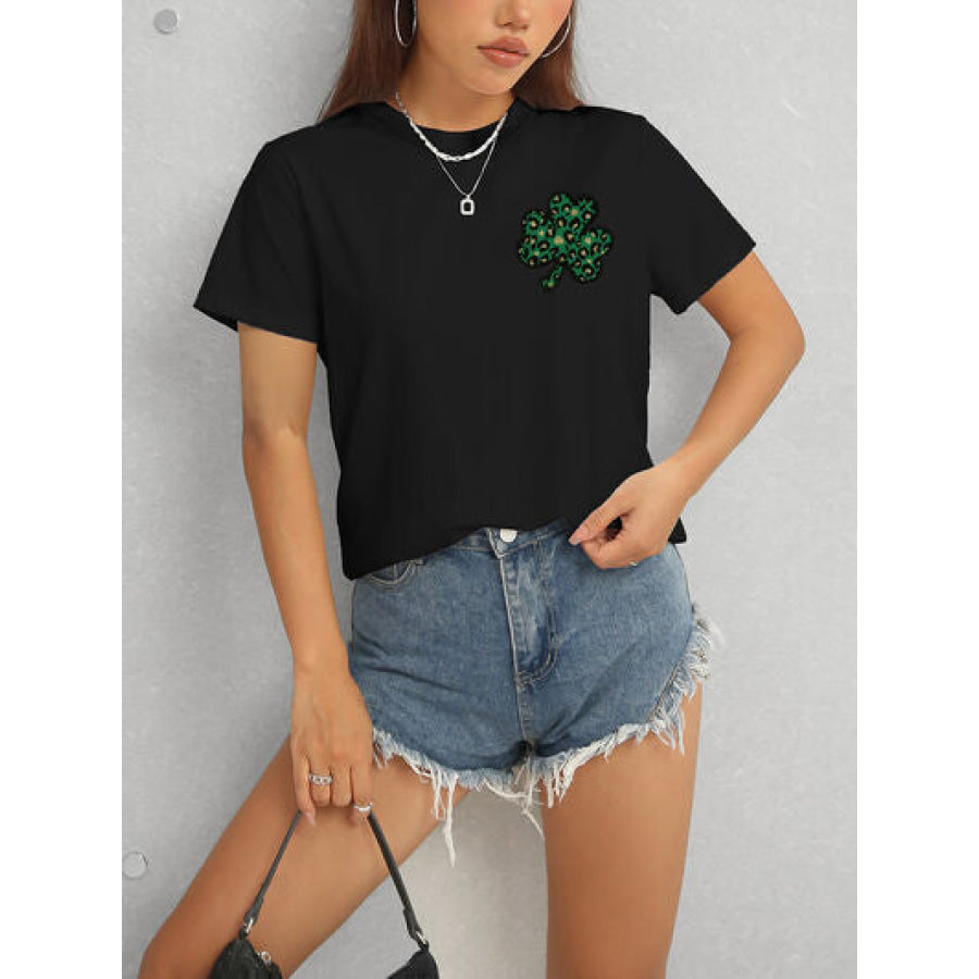 Lucky Clover Round Neck Short Sleeve T - Shirt Apparel and Accessories