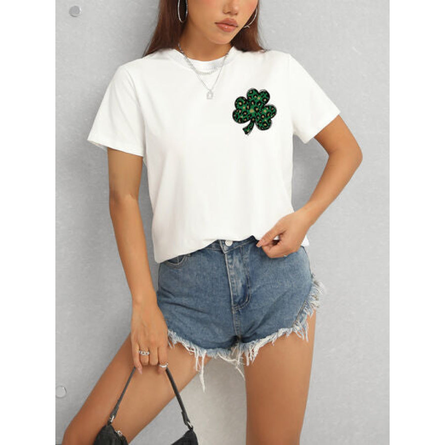 Lucky Clover Round Neck Short Sleeve T - Shirt Apparel and Accessories