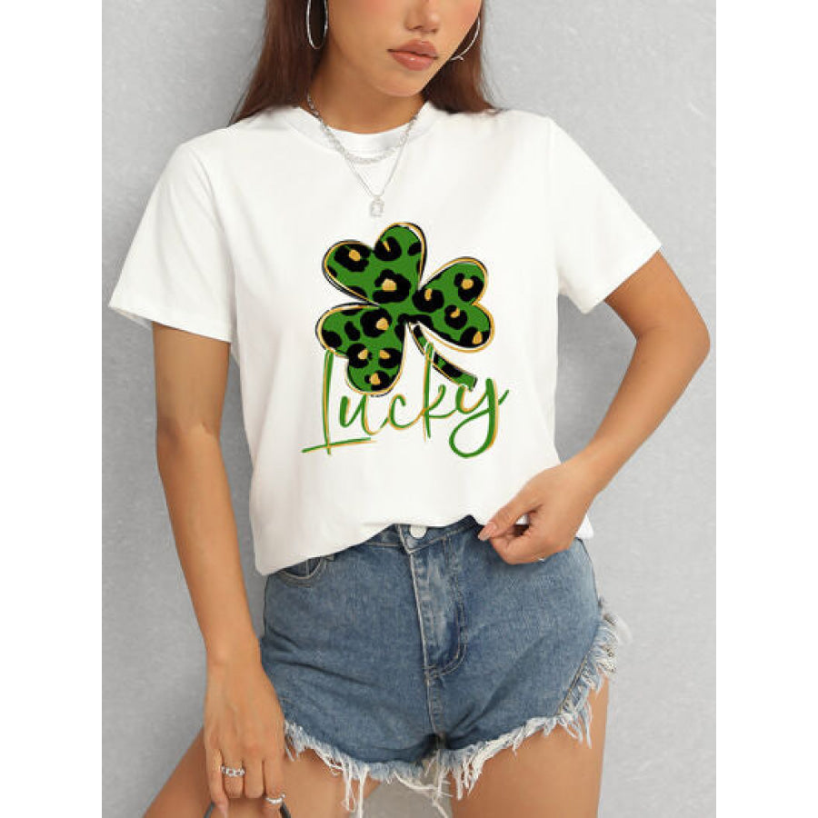 Lucky Clover Round Neck Short Sleeve T - Shirt Apparel and Accessories