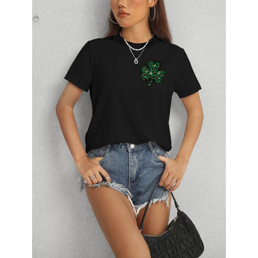 Lucky Clover Round Neck Short Sleeve T - Shirt Apparel and Accessories