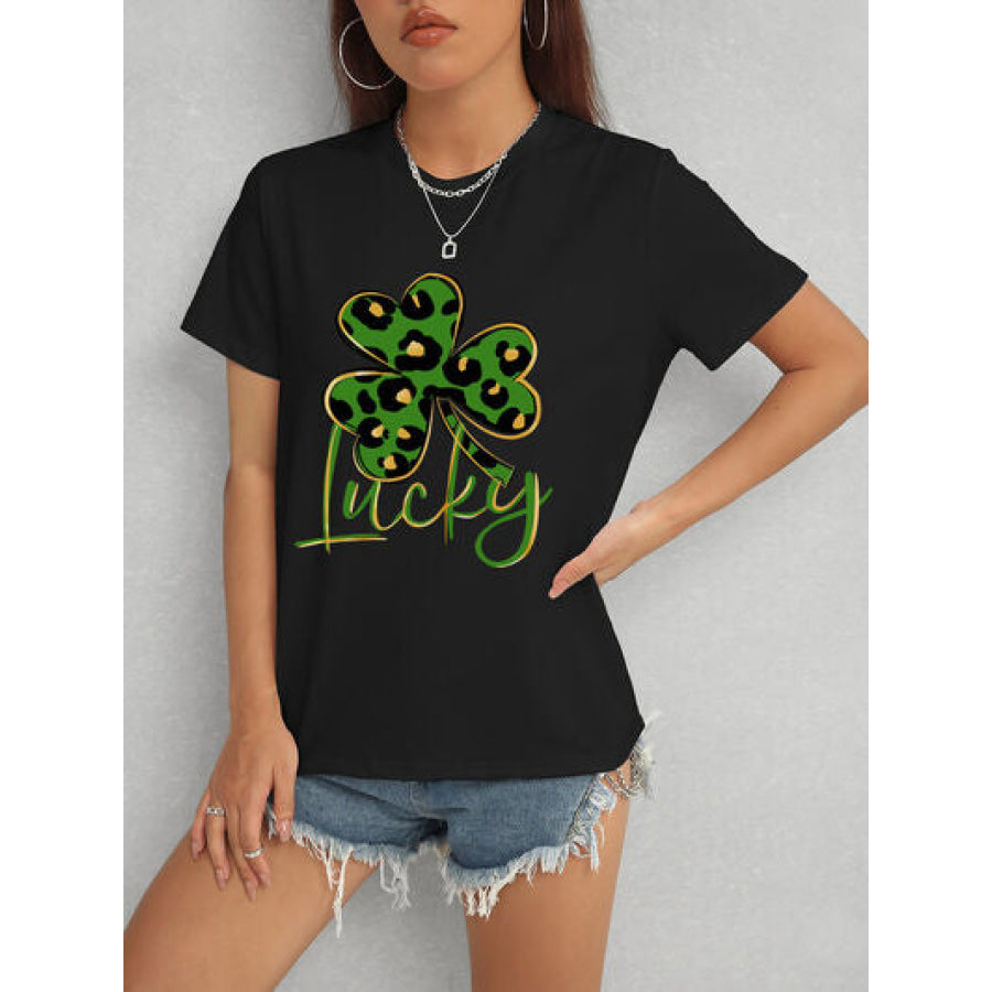 Lucky Clover Round Neck Short Sleeve T - Shirt Apparel and Accessories