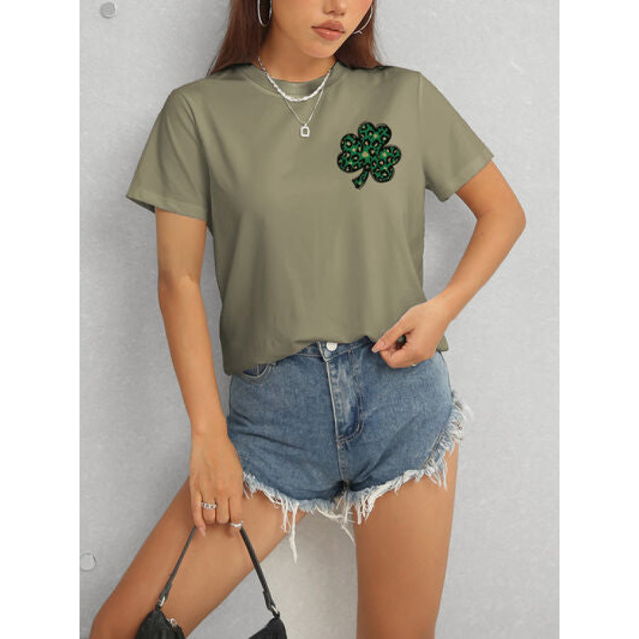 Lucky Clover Round Neck Short Sleeve T - Shirt Apparel and Accessories