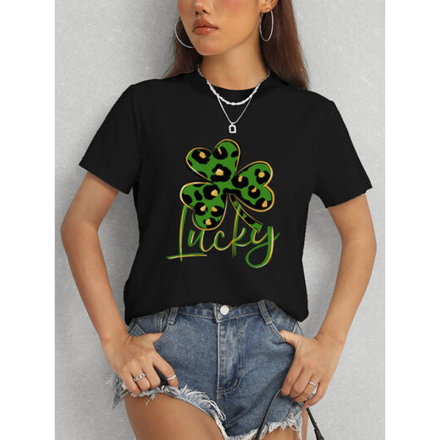 Lucky Clover Round Neck Short Sleeve T - Shirt Apparel and Accessories