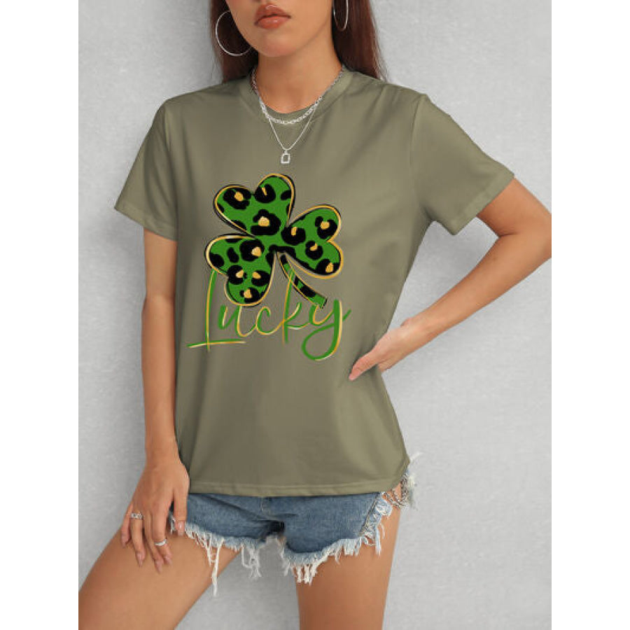 Lucky Clover Round Neck Short Sleeve T - Shirt Army Green / S Apparel and Accessories