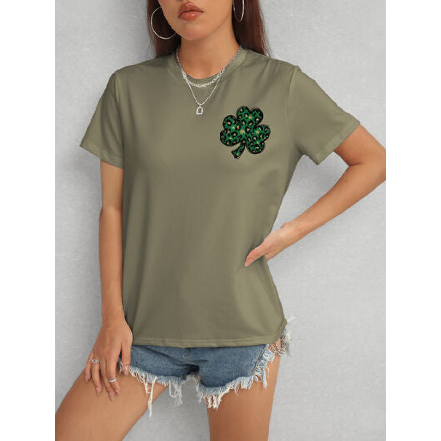 Lucky Clover Round Neck Short Sleeve T - Shirt Army Green / S Apparel and Accessories