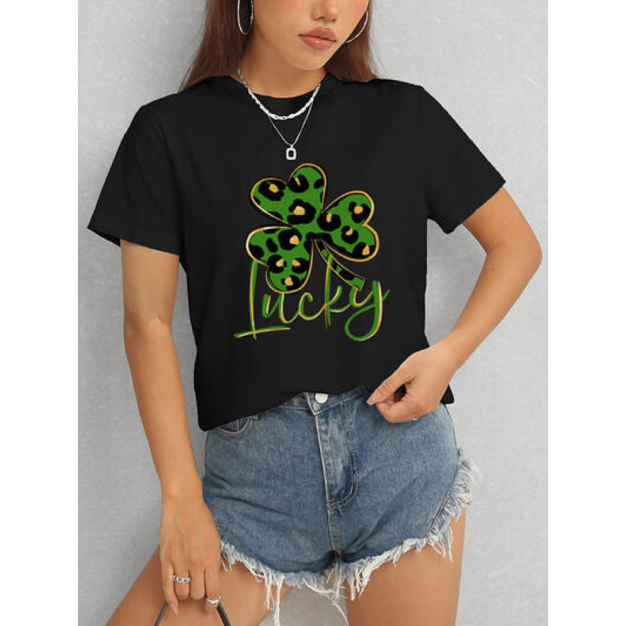 Lucky Clover Round Neck Short Sleeve T - Shirt Black / S Apparel and Accessories