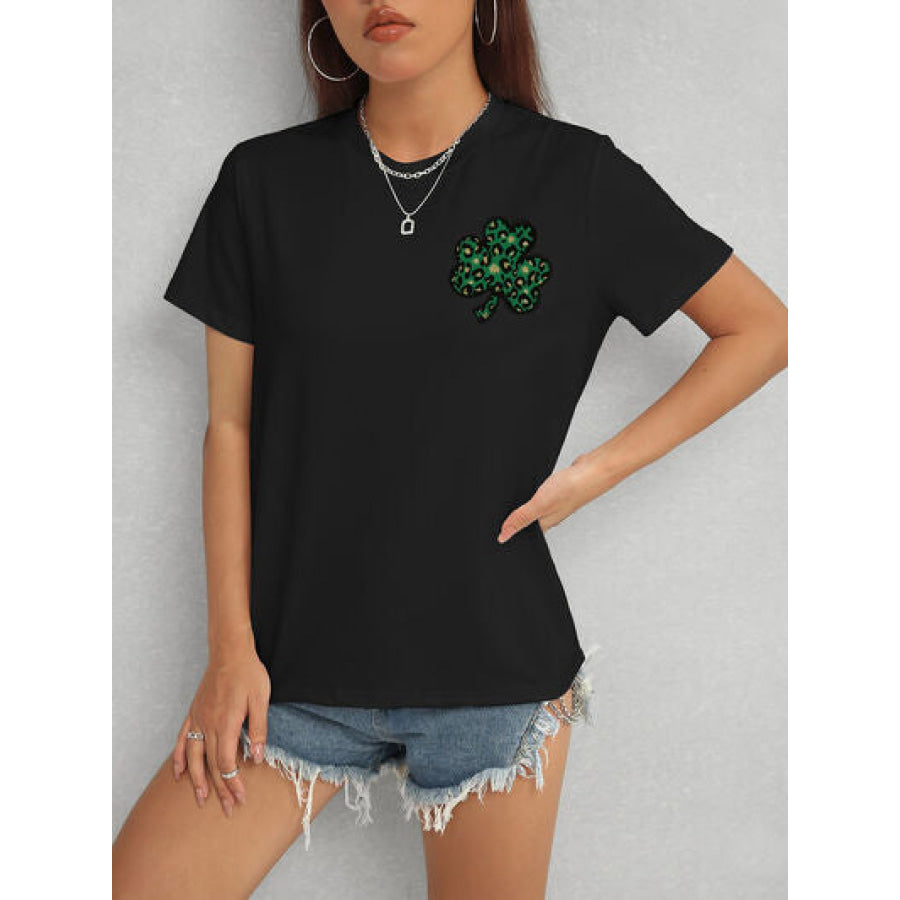 Lucky Clover Round Neck Short Sleeve T - Shirt Black / S Apparel and Accessories