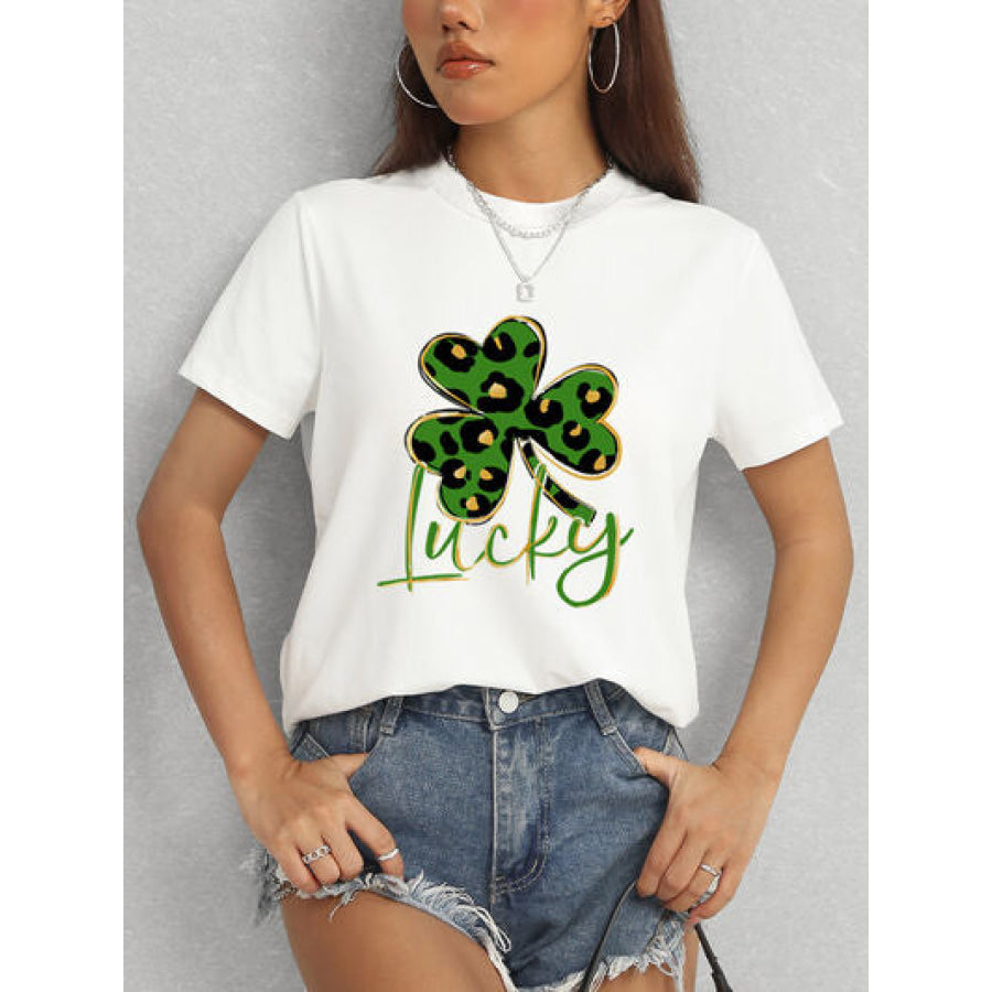 Lucky Clover Round Neck Short Sleeve T - Shirt White / S Apparel and Accessories