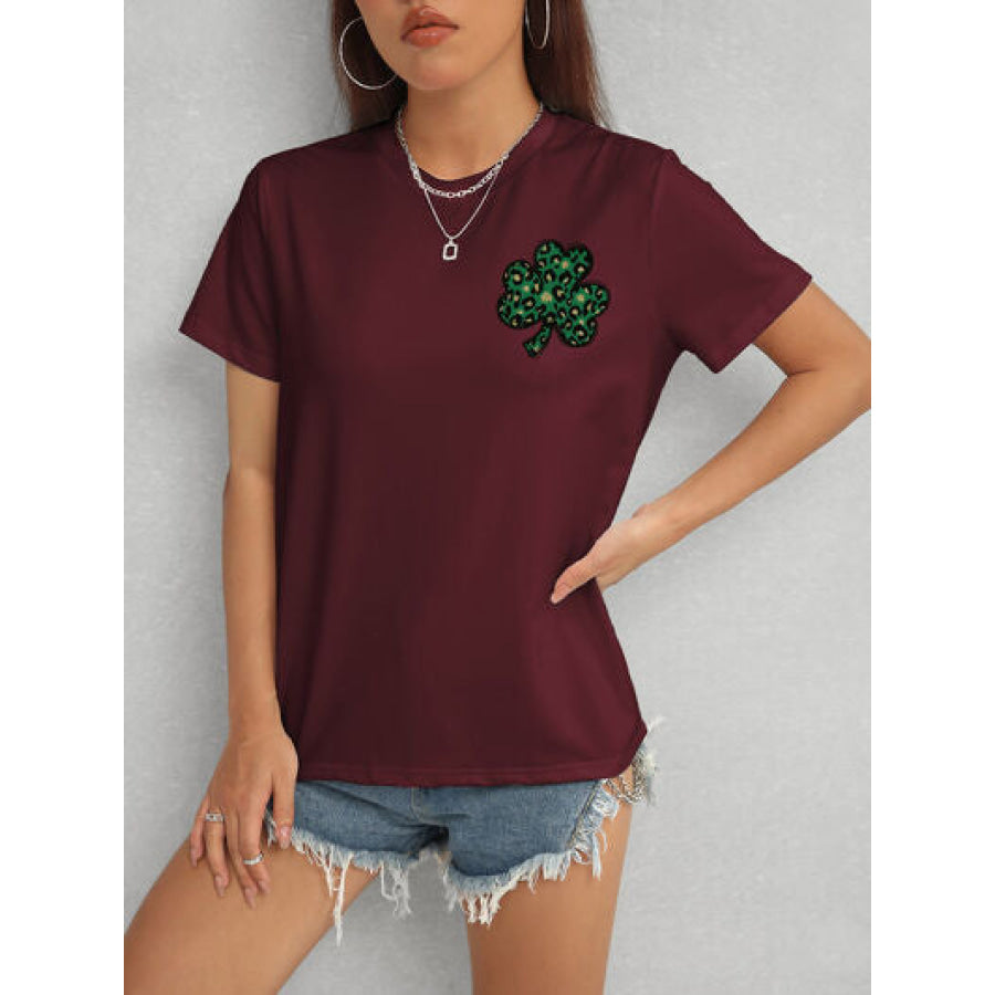 Lucky Clover Round Neck Short Sleeve T - Shirt Wine / S Apparel and Accessories