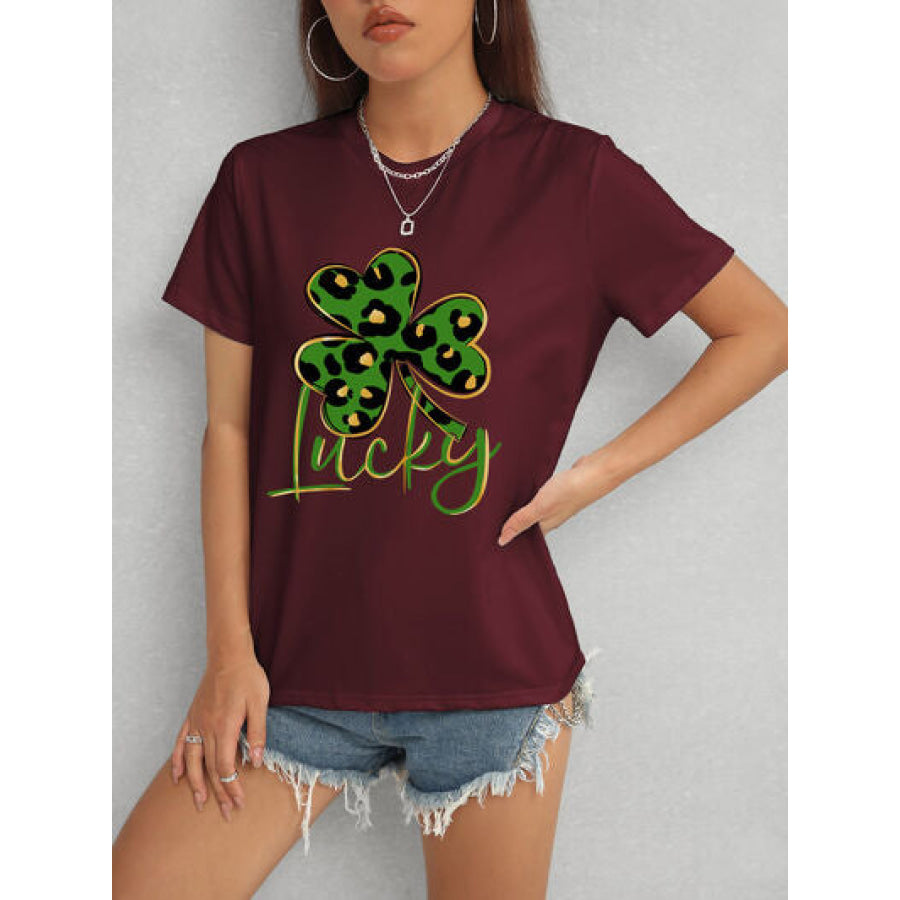 Lucky Clover Round Neck Short Sleeve T - Shirt Wine / S Apparel and Accessories