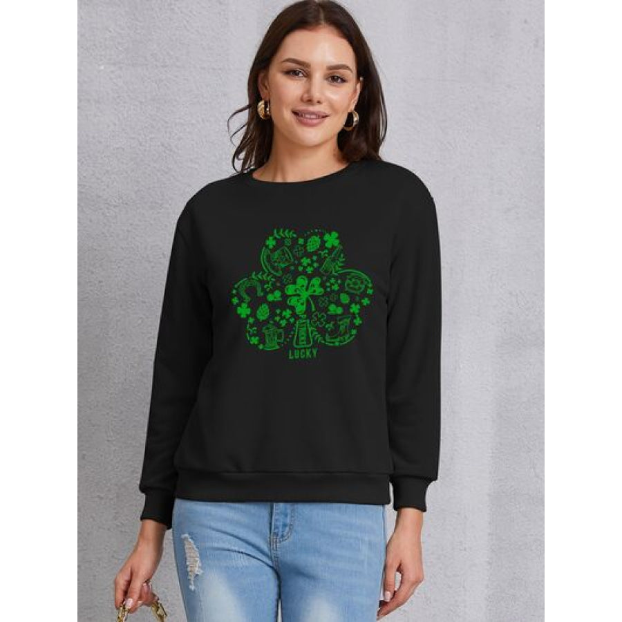 Lucky Clover Round Neck Sweatshirt Black / S Apparel and Accessories