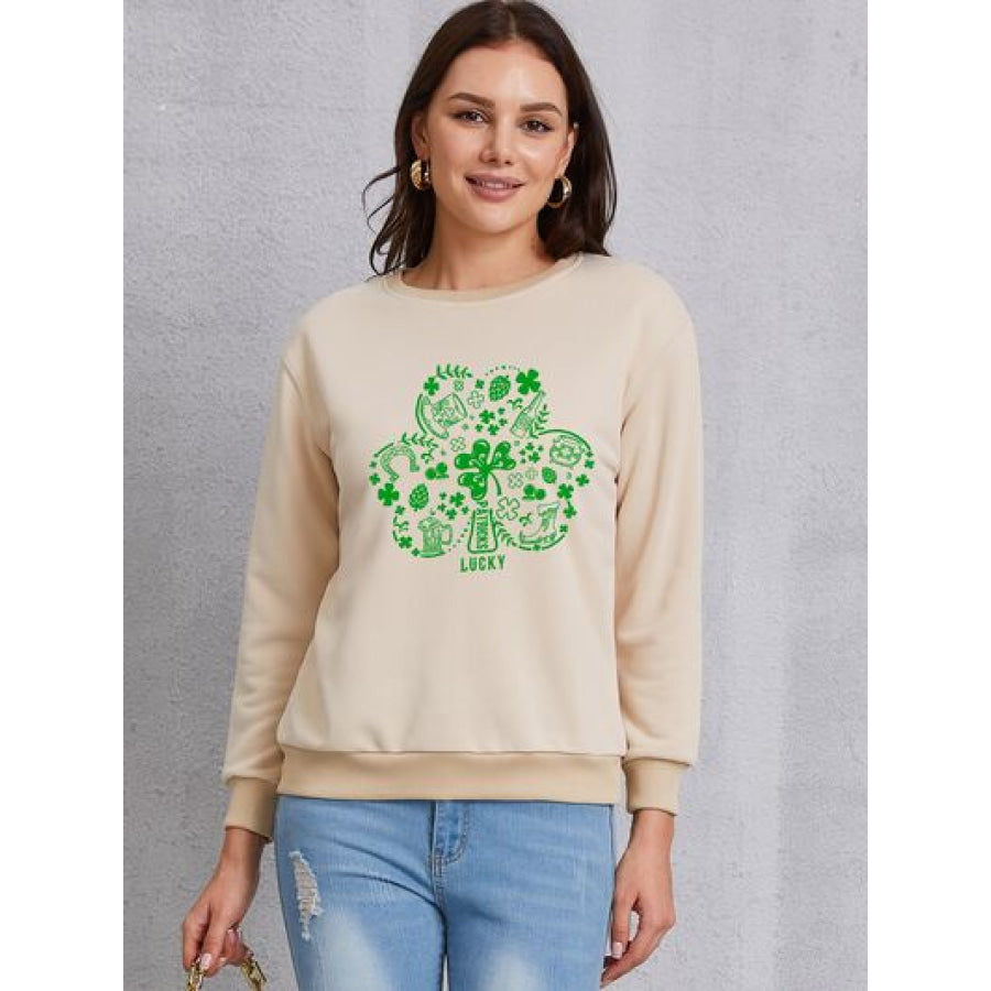Lucky Clover Round Neck Sweatshirt Khaki / S Apparel and Accessories