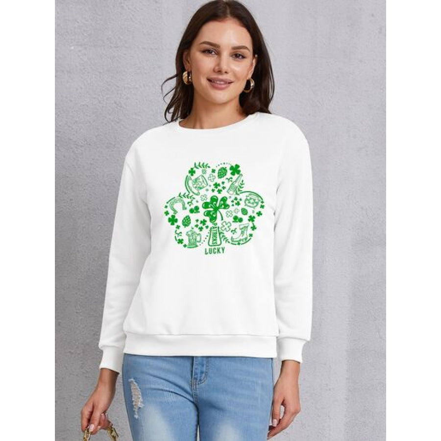 Lucky Clover Round Neck Sweatshirt White / S Apparel and Accessories