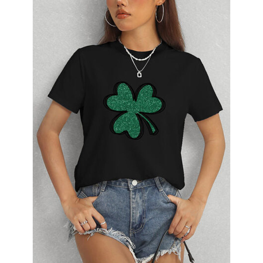 Lucky Clover Round Neck T - Shirt Black / S Apparel and Accessories