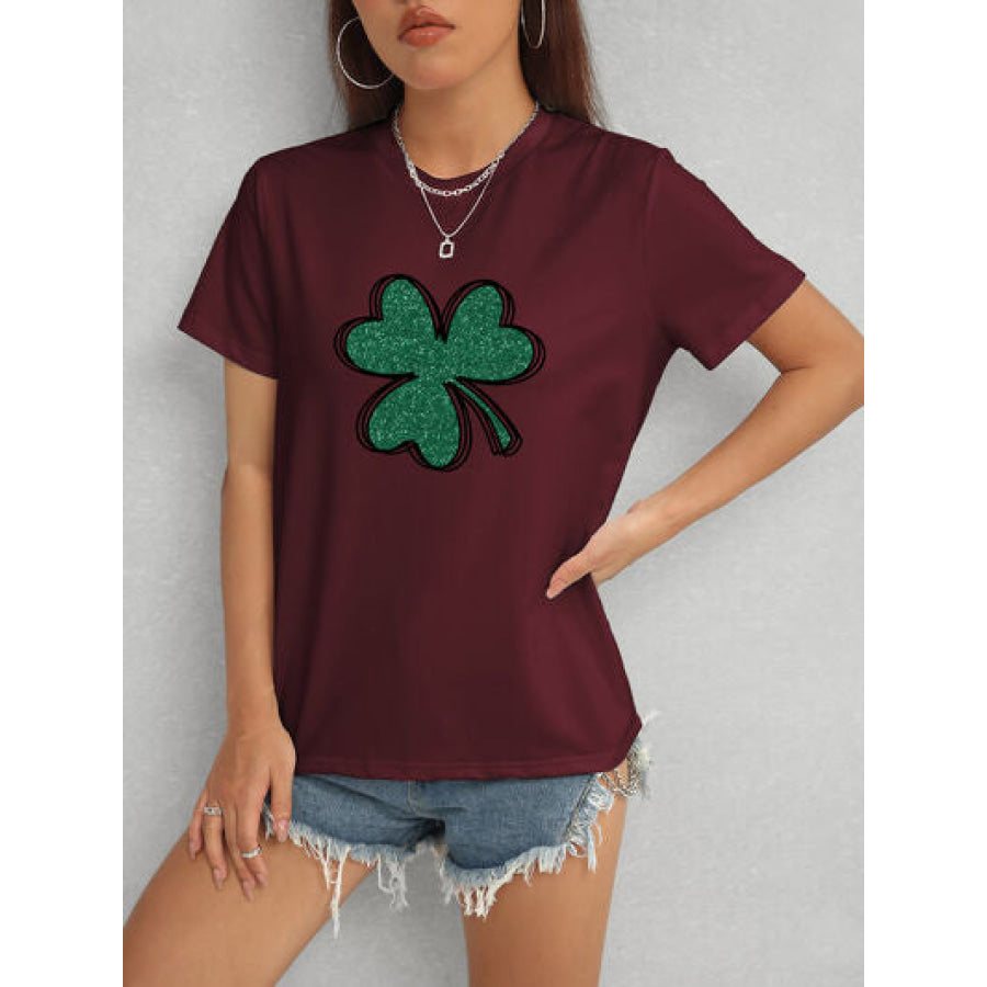 Lucky Clover Round Neck T - Shirt Wine / S Apparel and Accessories