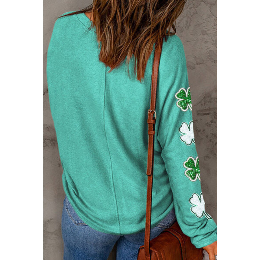 Lucky Clover Sequin Round Neck Sweatshirt Apparel and Accessories