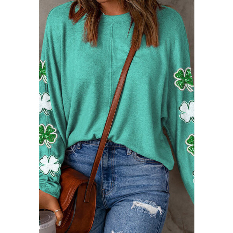 Lucky Clover Sequin Round Neck Sweatshirt Apparel and Accessories