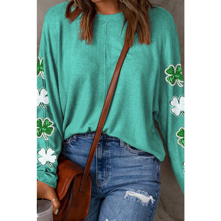 Lucky Clover Sequin Round Neck Sweatshirt Turquoise / S Apparel and Accessories