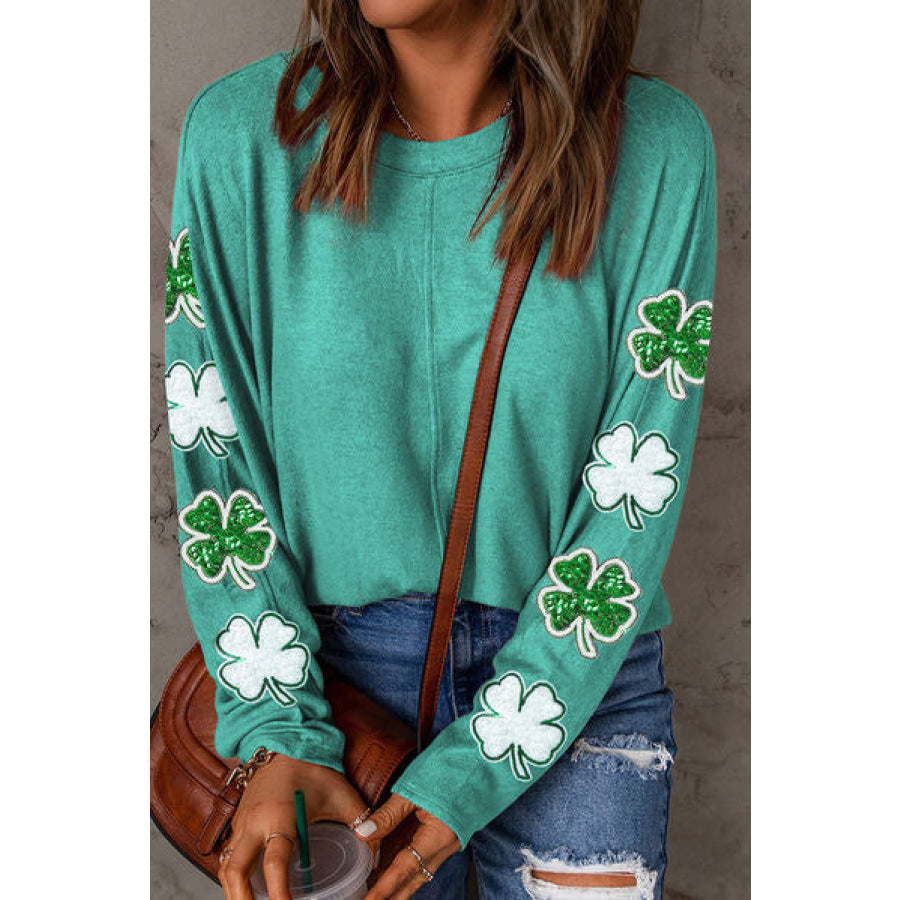 Lucky Clover Sequin Round Neck Sweatshirt Turquoise / S Apparel and Accessories