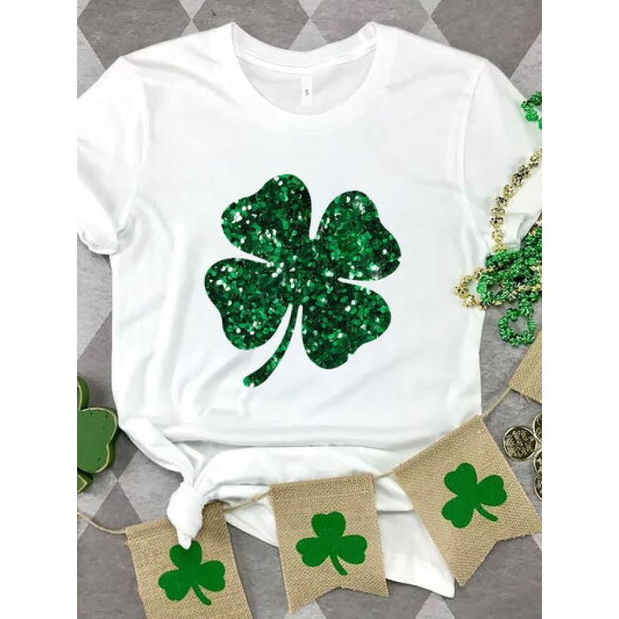 Lucky Clover Sequin Round Neck T - Shirt White / S Apparel and Accessories