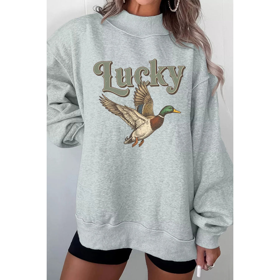 Lucky Mallard Graphic Mock Neck Casual Sweatshirt Gray / S Apparel and Accessories