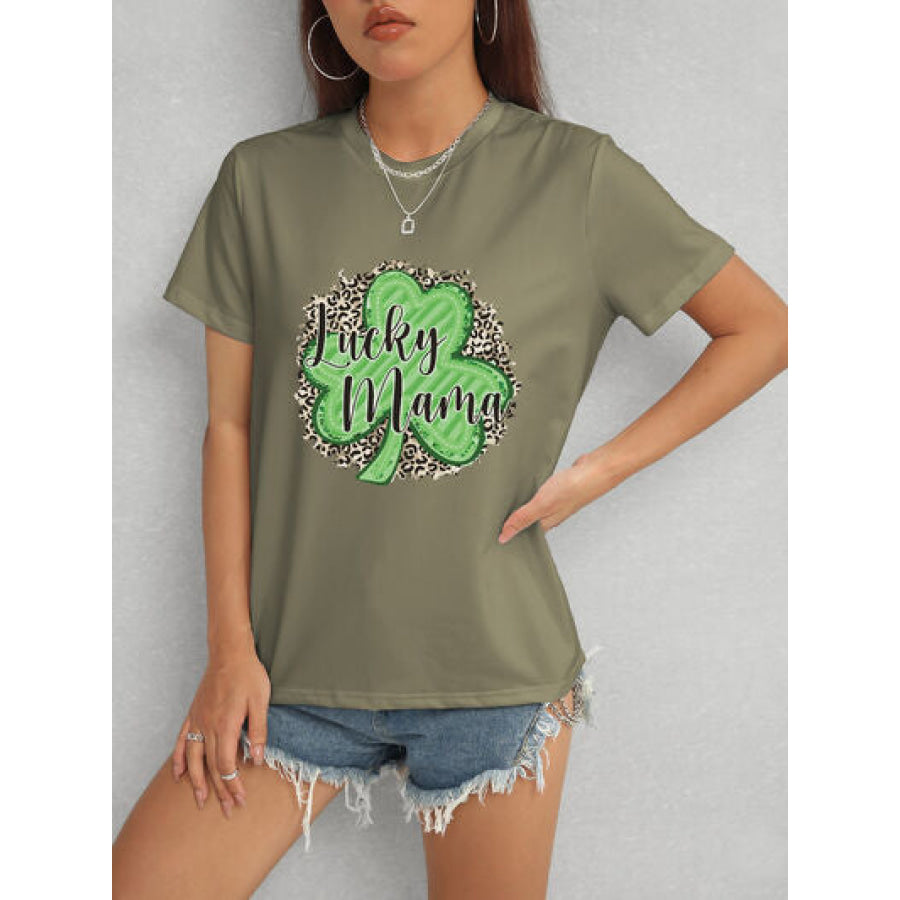 LUCKY MAMA Round Neck T - Shirt Army Green / S Apparel and Accessories