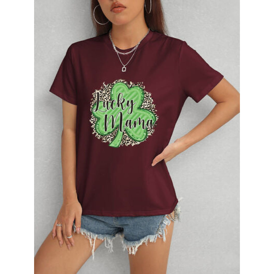 LUCKY MAMA Round Neck T - Shirt Wine / S Apparel and Accessories