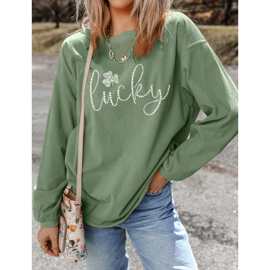 LUCKY Rhinestone Round Neck Long Sleeve Sweatshirt Sage / S Apparel and Accessories