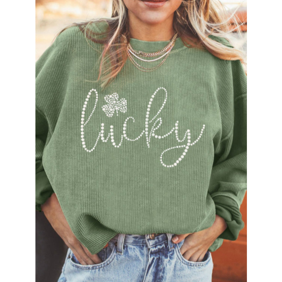 LUCKY Rhinestone Round Neck Long Sleeve Sweatshirt Sage / S Apparel and Accessories