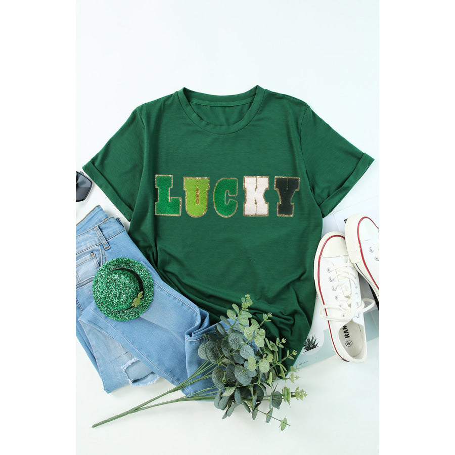 LUCKY Round Neck Short Sleeve T-Shirt Apparel and Accessories